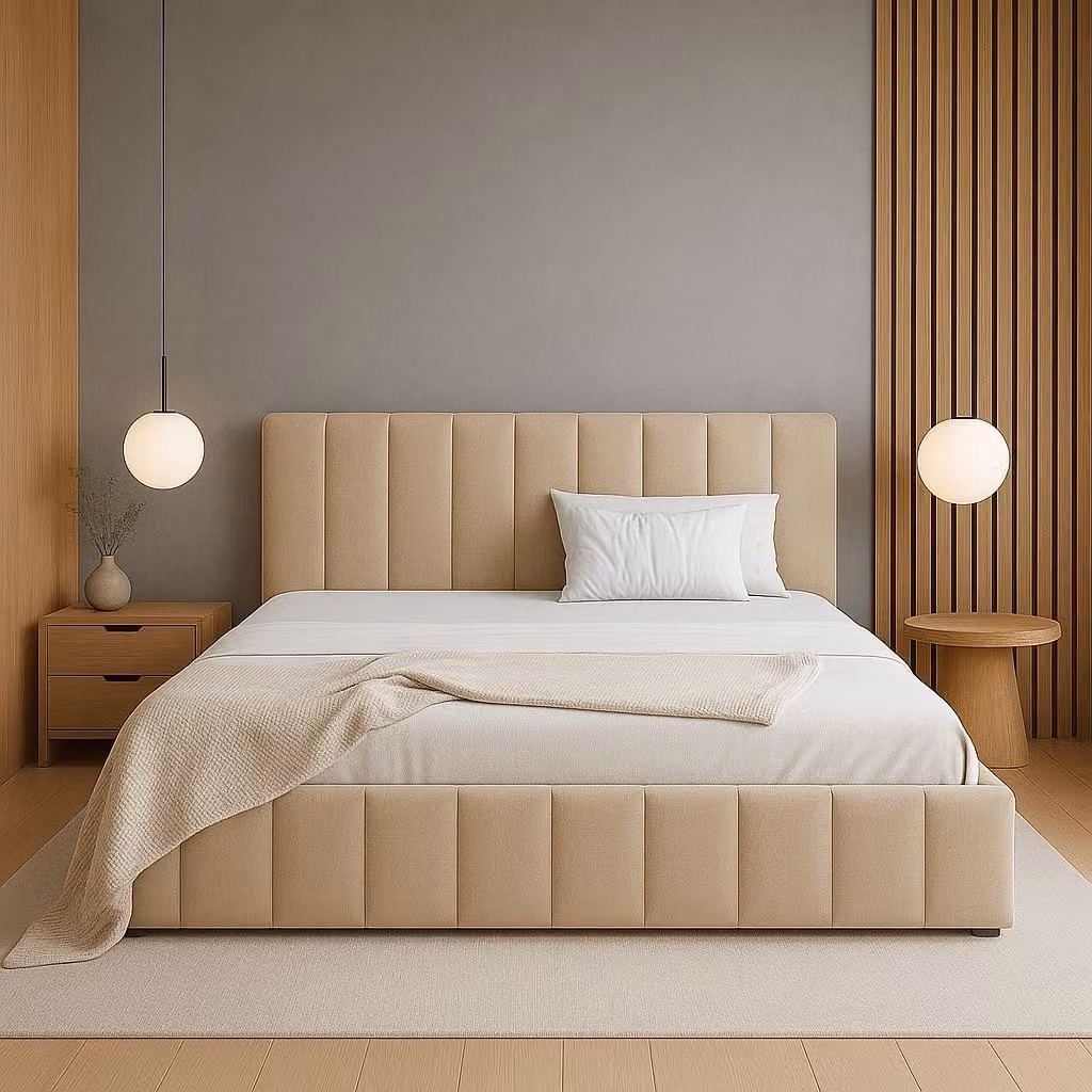GUTTO Letto imbottito CARAMEL 160x200, struttura in metallo, rete a doghe, colore beige, rivestito in velluto, tessuto: velluto, con spazio contenitivo