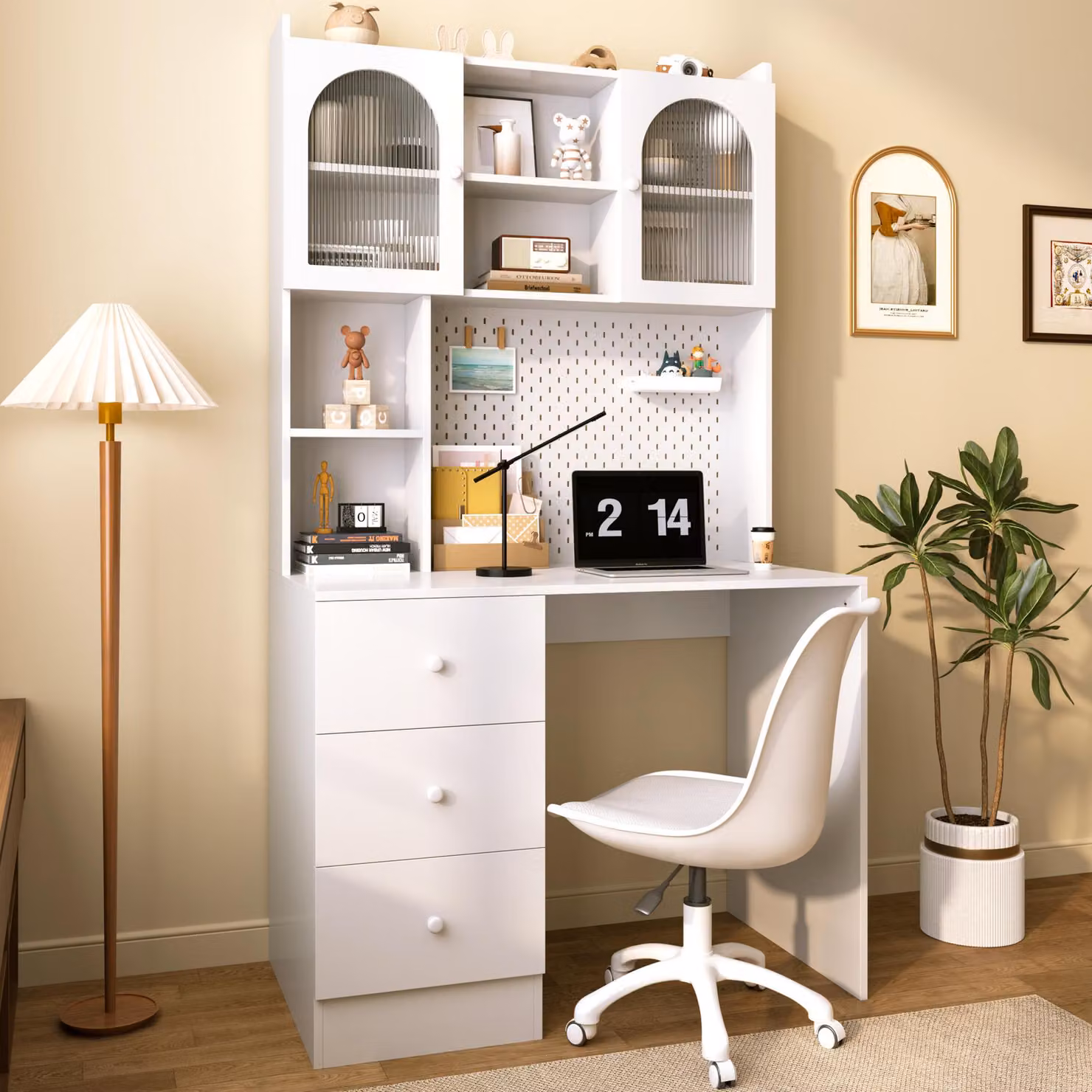 Scrivania moderna con cassetto integrato, scrivania da studio con sistema di bacheca, 3 cassetti, ante in vetro, scrivania da ufficio 100x55x180 cm, bianca