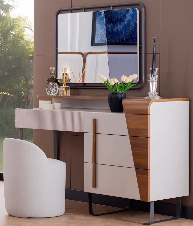 Weißes Schlafzimmer Schminktisch Designer Spiegel Polsterhocker