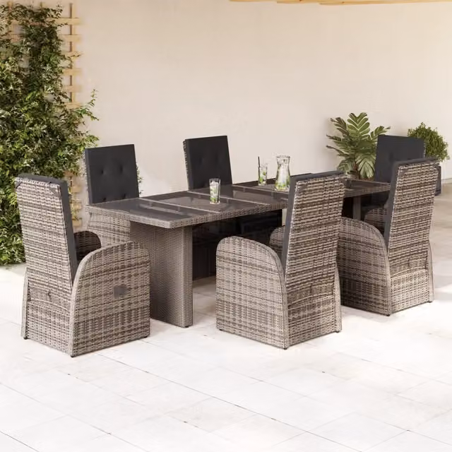 Set da pranzo da giardino vidaXL in polyrattan e vetro grigio con 7 pezzi e cuscini