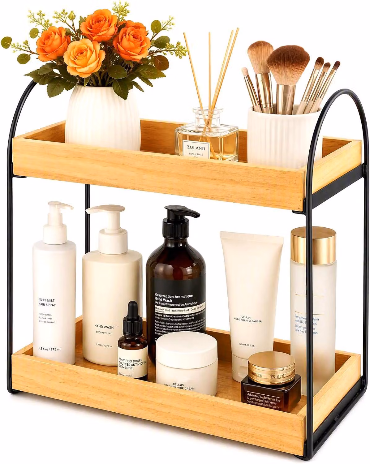 Scaffale in legno con struttura in metallo, dimensioni 35x17x34 cm, ideale per bagno e cucina