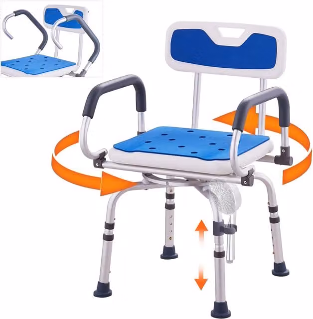 Sedia da Doccia Girevole a 360 Gradi Regolabile in Alluminio e PE, Sedile da Bagno Antiscivolo Portata 180 kg