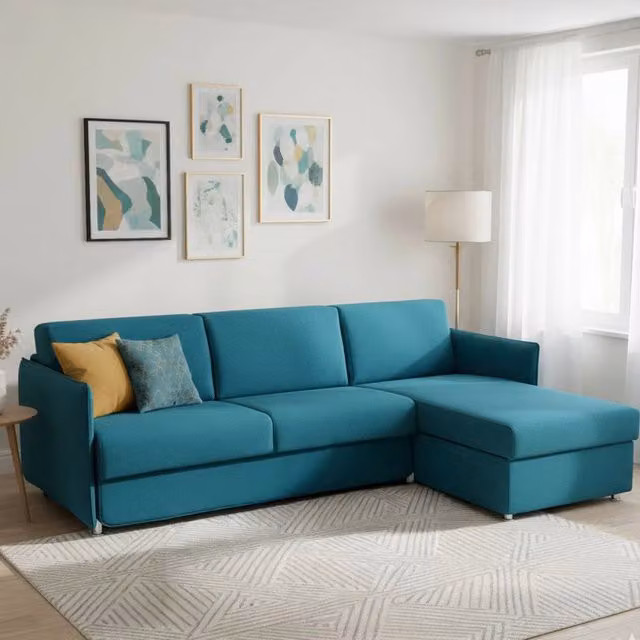 Divano Letto Sumirago DMORA con Penisola Sfoderabile Made in Italy, L/P: 260 x 160 cm, Azzurro – 1