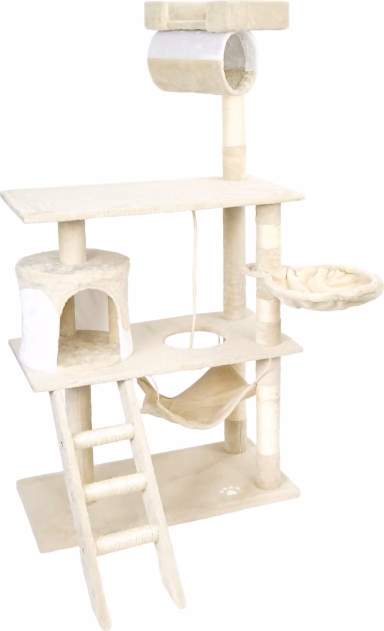 Tiragraffi Wiltec in beige/bianco alto 141 cm, albero per gatti con sisal, tiragraffi per gatti con casetta per gatti, tappetino per appendere e abbeveratoio, albero da arrampicata per gatti