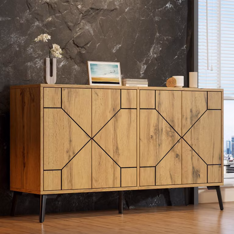 Mobile contenitore laterale Merax con motivo a onde, cassettiera con 4 ante a spinta, armadio contenitore in MDF, aspetto legno, ideale per soggiorno e sala da pranzo, finitura naturale