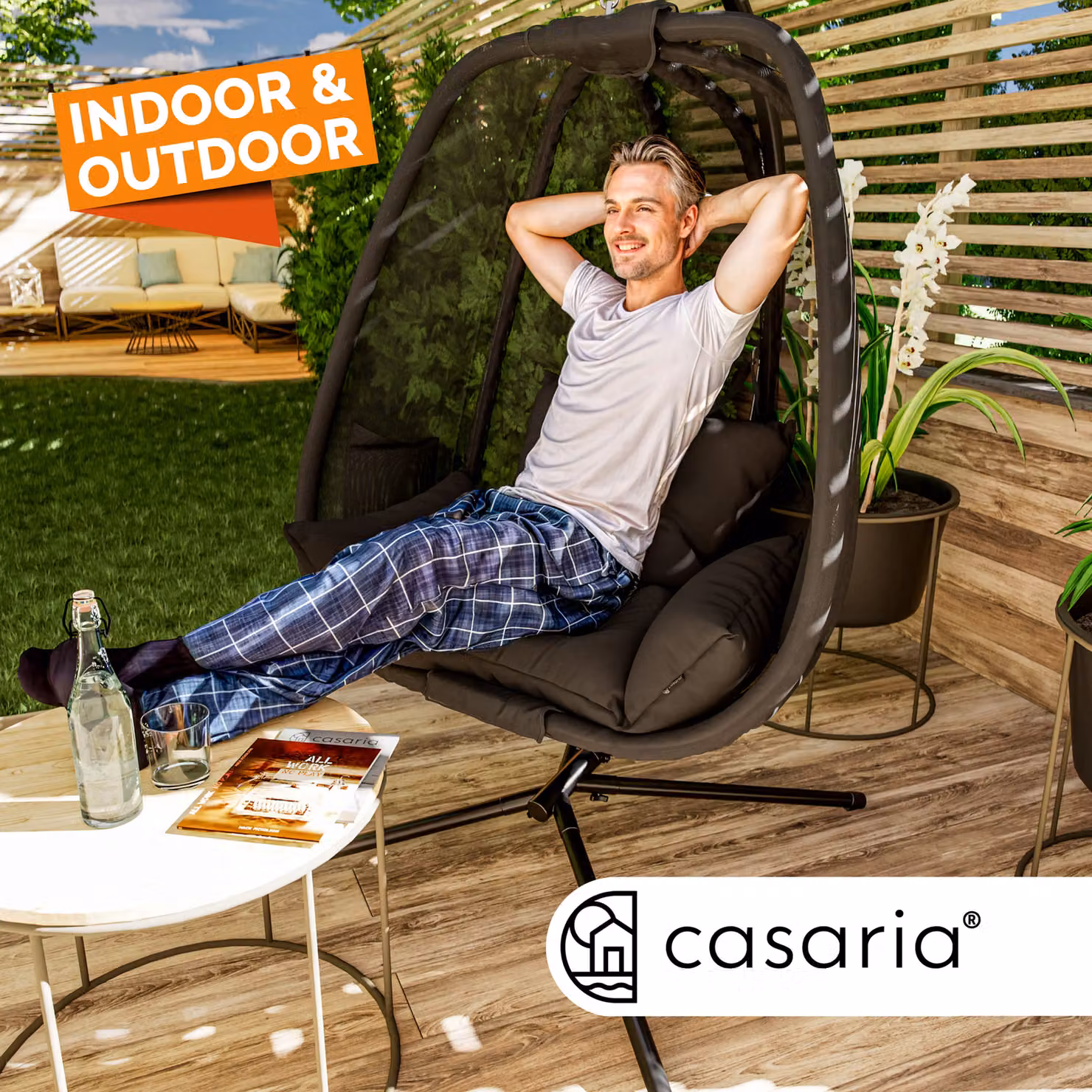 Sedia sospesa Alvie CASARIA antracite con struttura in metallo e cuscini inclusi H 190 x L 140 x P 110 cm – 3