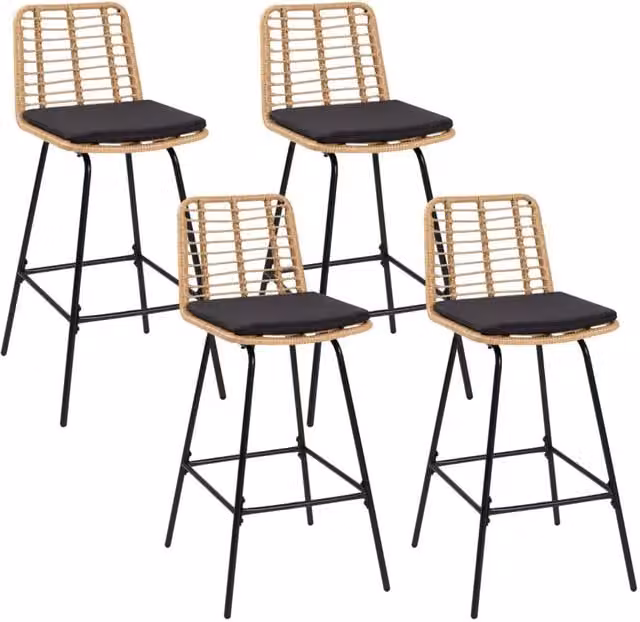 Set di 4 sgabelli da bar IDMarket SUMMER in effetto rattan con gambe in metallo nero stile boho