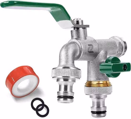 Rubinetto da giardino Premium Doppio rubinetto in ottone - Resistente alla ruggine e al calore - 2 attacchi per tubo - Nastro di tenuta - Giunto e bocchetta per tubo - Per il giardino (verdure)