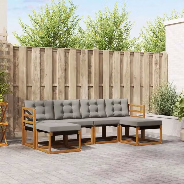 Set di divani da esterno a L con ottoman vidaXL in legno di acacia e textilene, colore beige e grigio