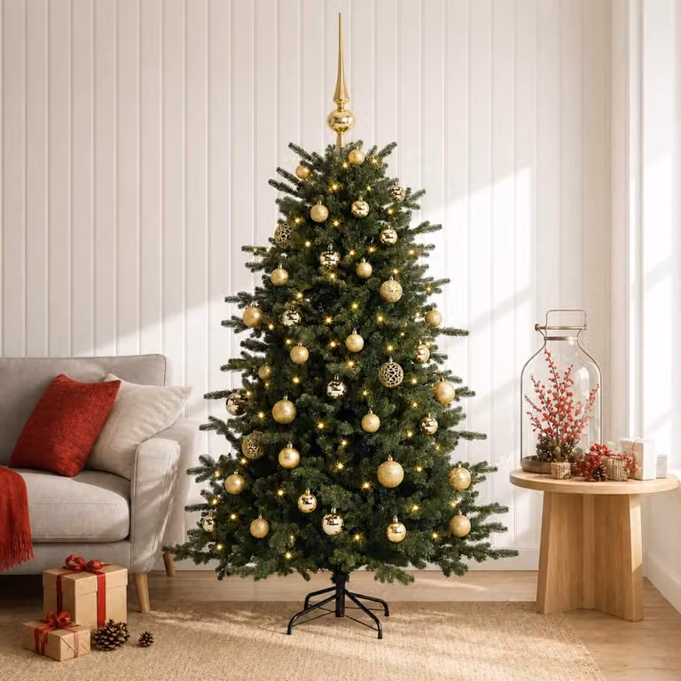 Albero di Natale artificiale con decorazioni natalizie, altezza 150 cm, 150 luci LED