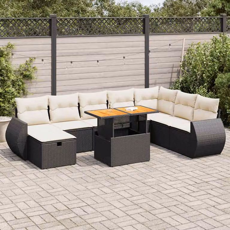 Set di divani da giardino vidaXL 9 pezzi in rattan e legno di acacia oliato con cuscini nero e bianco