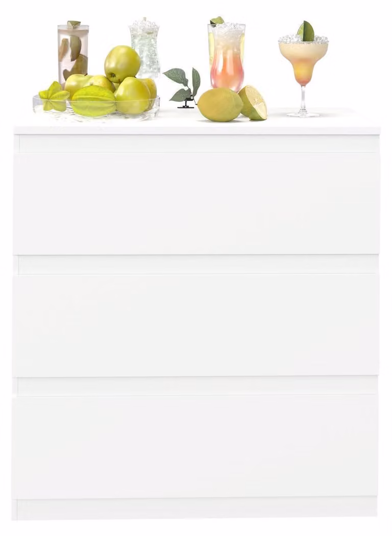 Comodino bianco, 70 cm di larghezza, 3 cassetti. Mobile contenitore, mobiletto a cassetti, dimensioni 70x40x75 cm