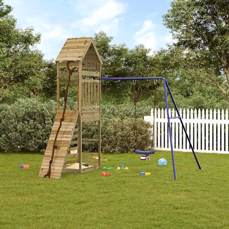 vidaXL Set da Gioco da Esterno con Torre di Gioco, Altalena e Sabbiera in Legno e Plastica, Blu e Marrone, L: 264 cm, P: 245 cm, H: 257 cm
