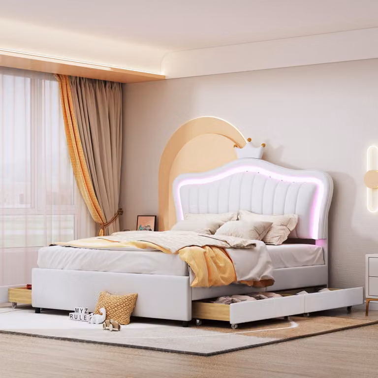 Letto per bambini Merax, imbottito, 140x200 cm. Letto imbottito con luci LED e cassetti, letto contenitore con design a in ecopelle, rete a doghe, colore bianco