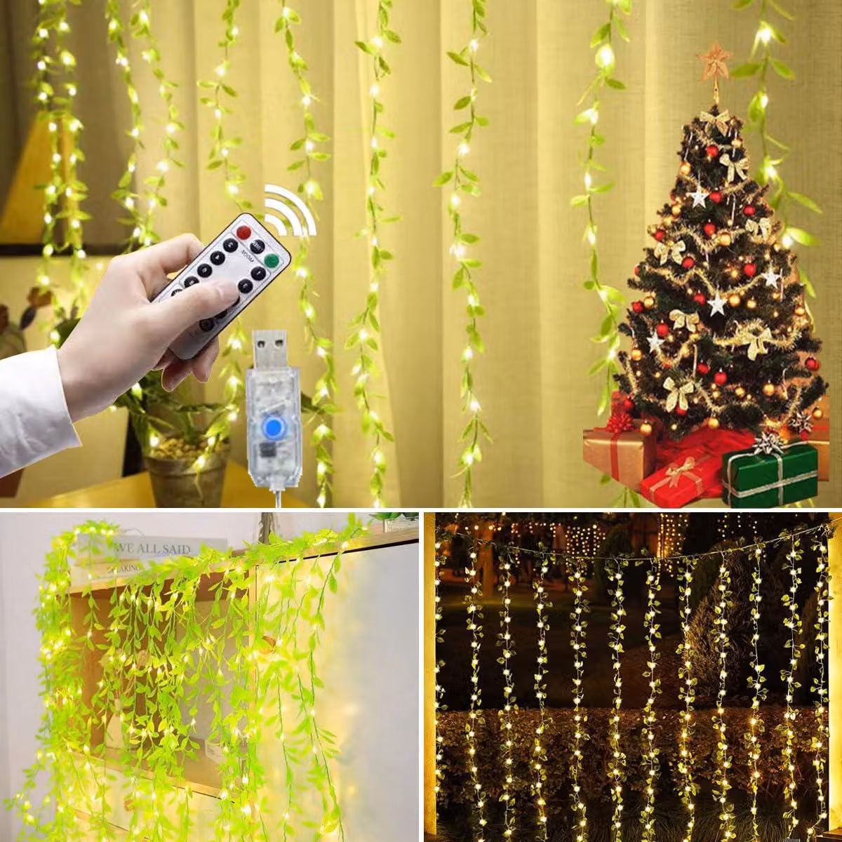 Catena luminosa a LED a forma di edera artificiale, lunghezza 3 metri, 100 LED, luce bianco caldo, 8 modalità