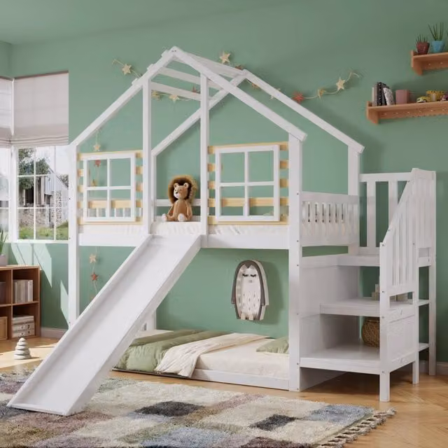 Letto a castello REDOM per bambini in stile scandinavo con struttura a casetta, scala e scivolo, bianco e beige, L/P/H: 200 x 90 x 62,5 cm