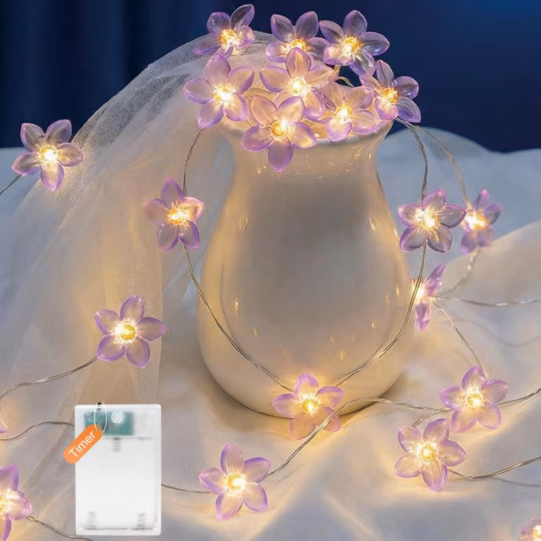 Catena luminosa a forma di giglio, 2 metri, 20 LED bianco caldo, alimentata a batteria, con timer