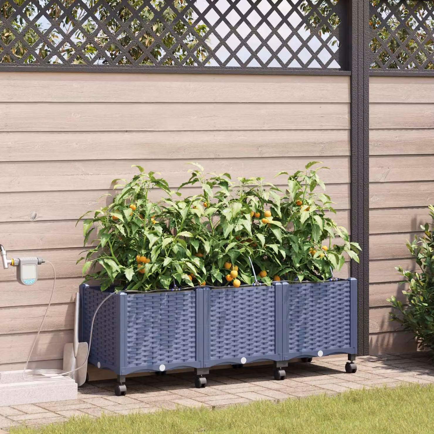 Set di 3 vasi da giardino con irrigazione e ruote vidaXL in plastica, grigio e blu