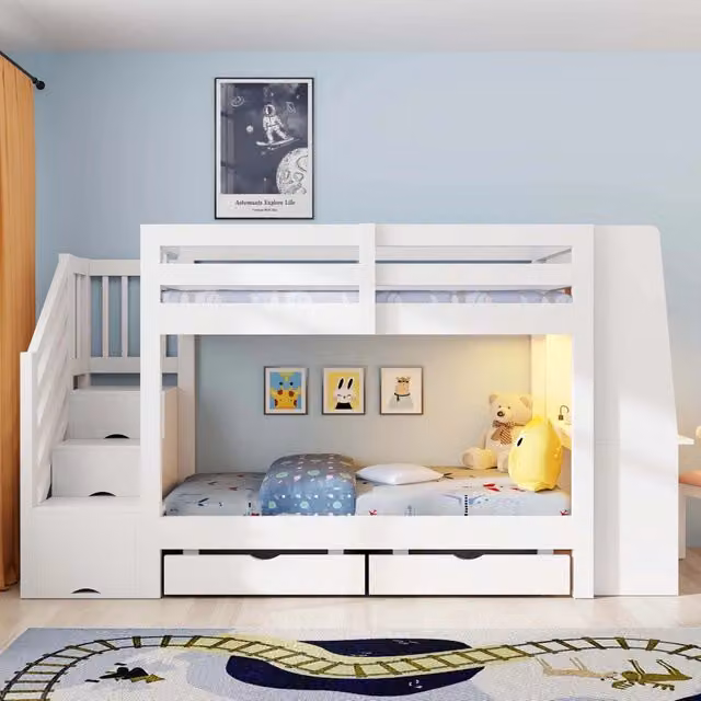 Letto a castello per bambini 90x200 cm in legno bianco con scrivania integrata
