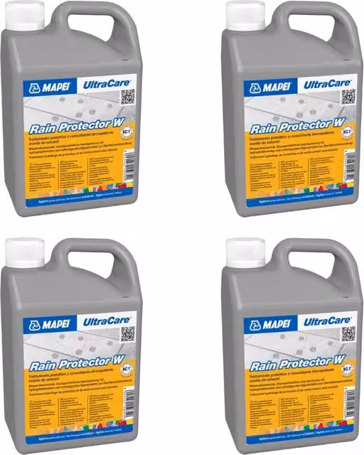 Trattamento idrorepellente Mapei Ultracare Rain Protector a base acquosa, confezione da 4 pezzi da 1 litro ciascuno, colore bianco