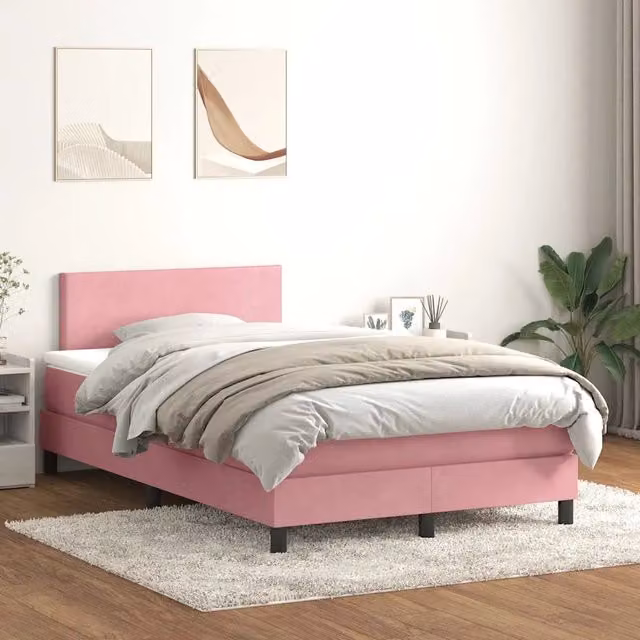 Letto a molle con materasso vidaXL in velluto rosa e bianco con illuminazione LED sottostante e porta USB, L/P/H: 120 x 220 x 88 cm