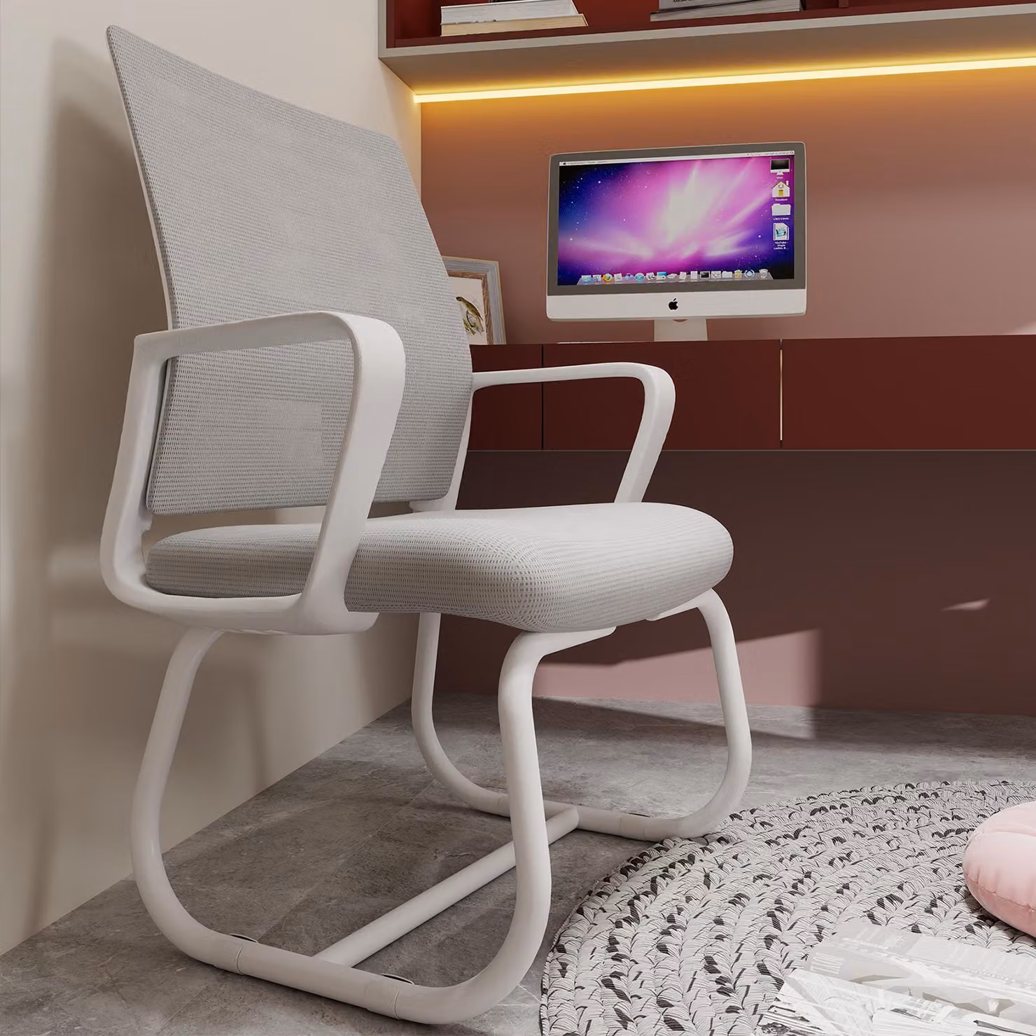 MODFU Sedia da ufficio minimalista Sedia da scrivania con schienale in tessuto a rete traspirante, sedia da computer Sedia da lavoro con struttura curva, grigio e bianco