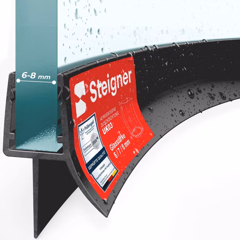 STEIGNER Guarnizione per Doccia, 170 cm, Spessore Vetro 6/7/8 mm, Guarnizione per Doccia Curva in PVC, Nera, UK03S