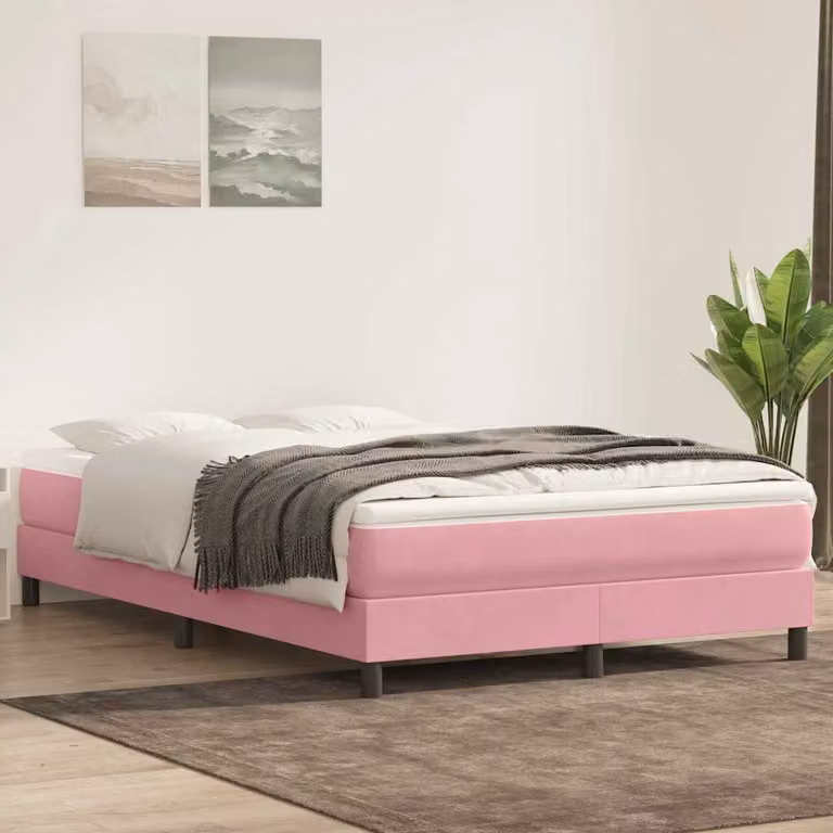 Letto a molle vidaXL in velluto rosa con doghe in legno L: 143 cm, P: 223 cm