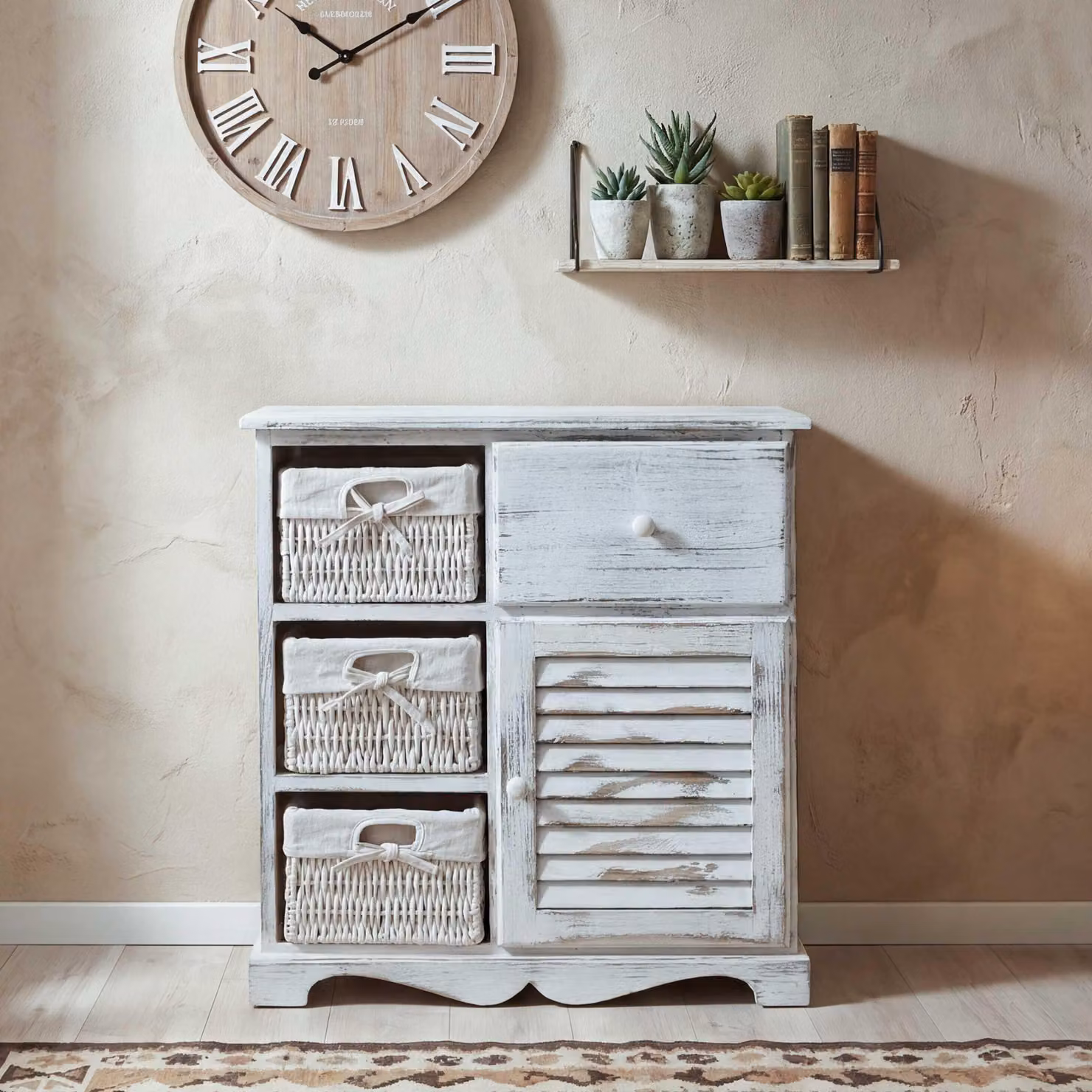 Cassettiera Armadio con 3 cestini 63x60x30cm, look shabby, vintage ~ bianco