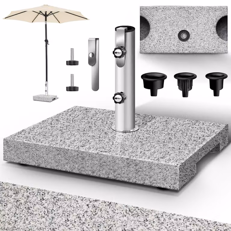 tillvex® Supporto per ombrellone in granito con maniglia di trasporto grigio - 27 kg rettangolare | Supporto per ombrellone con tubo in acciaio inox | Supporto per ombrellone da balcone per pali dell'ombrellone da 16 a 48 mm e diametro dell'ombrellone da