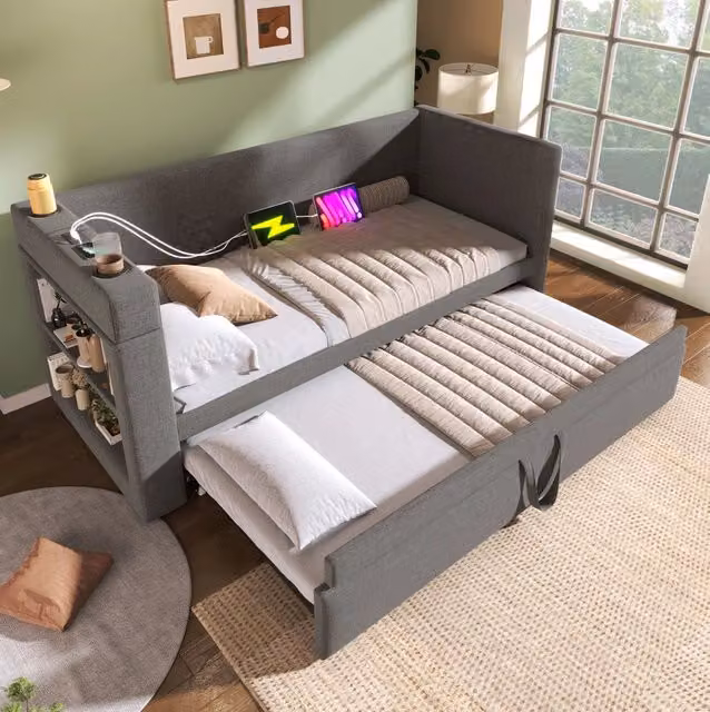Divano letto imbottito grigio 90x190 cm con letto estraibile, braccioli con stazioni di ricarica USB e Type-C, senza materasso