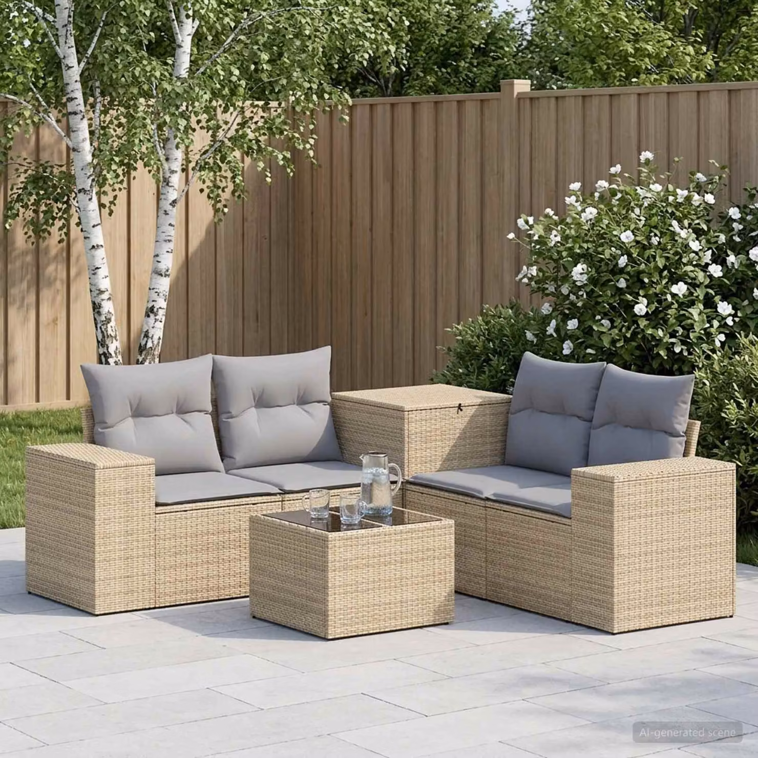 Set di divani da giardino vidaXL in polyrattan con tavolino e cuscini, composizione a L, Beige e Grigio