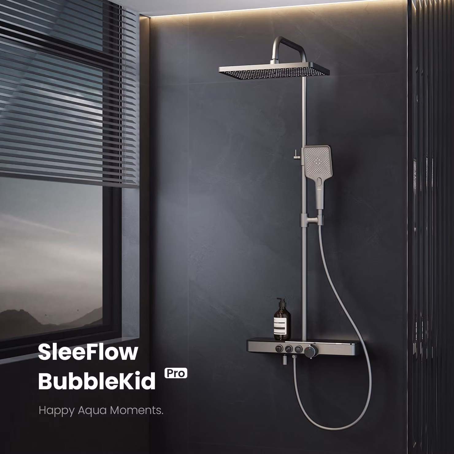 Sistema doccia EMKE con termostato 1146x450x480mm mensola in vetro doccetta con 3 modalità di getto doccia a pioggia, rubinetteria per vasca e doccia, KTW, antracite opaco F10
