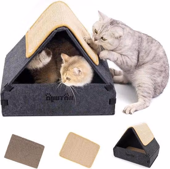 Casetta per gatti grigia con sportello ribaltabile, 43x33x35 cm, facile da pulire