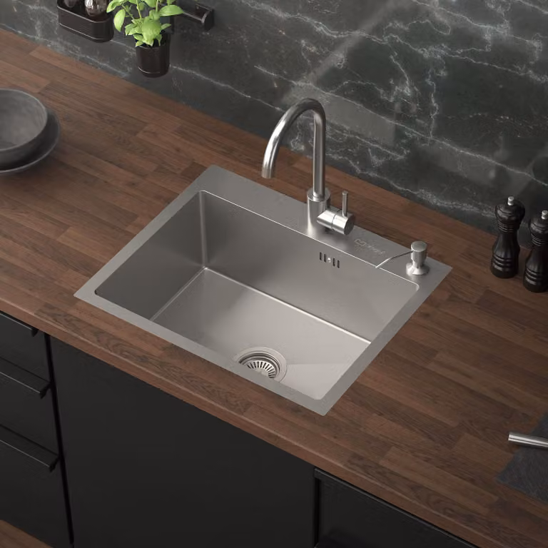 Lavello da cucina ML-Design con scarico a scomparsa e dispenser di sapone, argento, in acciaio inox
