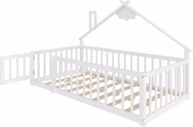 Letto per bambini 90x190 cm in legno di pino bianco con protezione laterale e serratura
