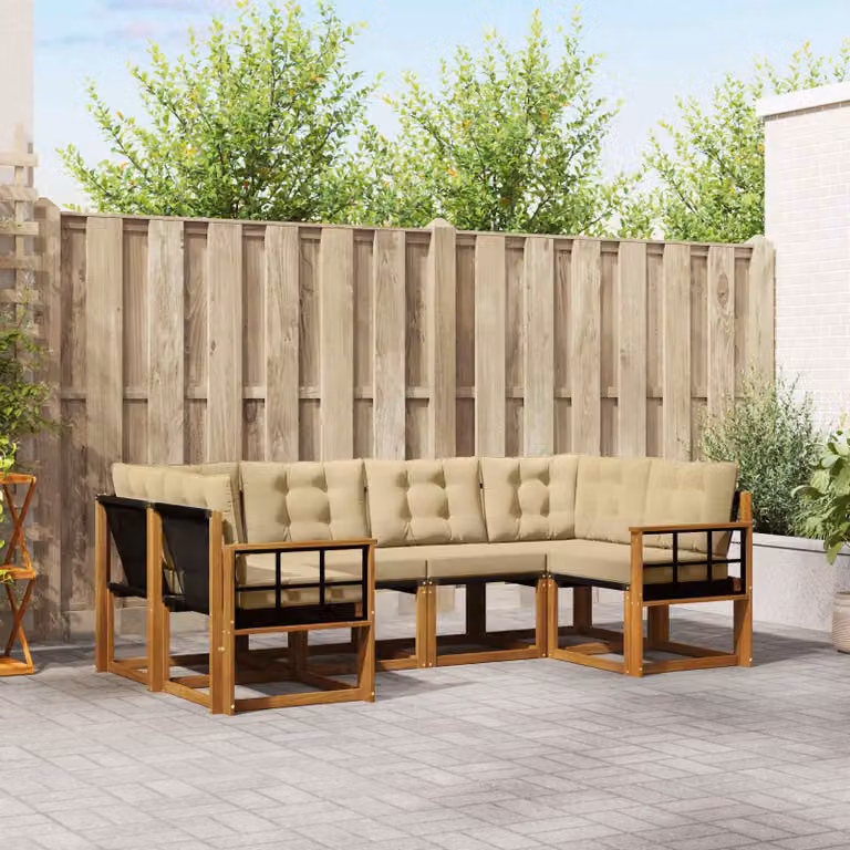 Set di divani da esterno vidaXL 6 pz a forma di L in legno di acacia con cuscini beige e marrone