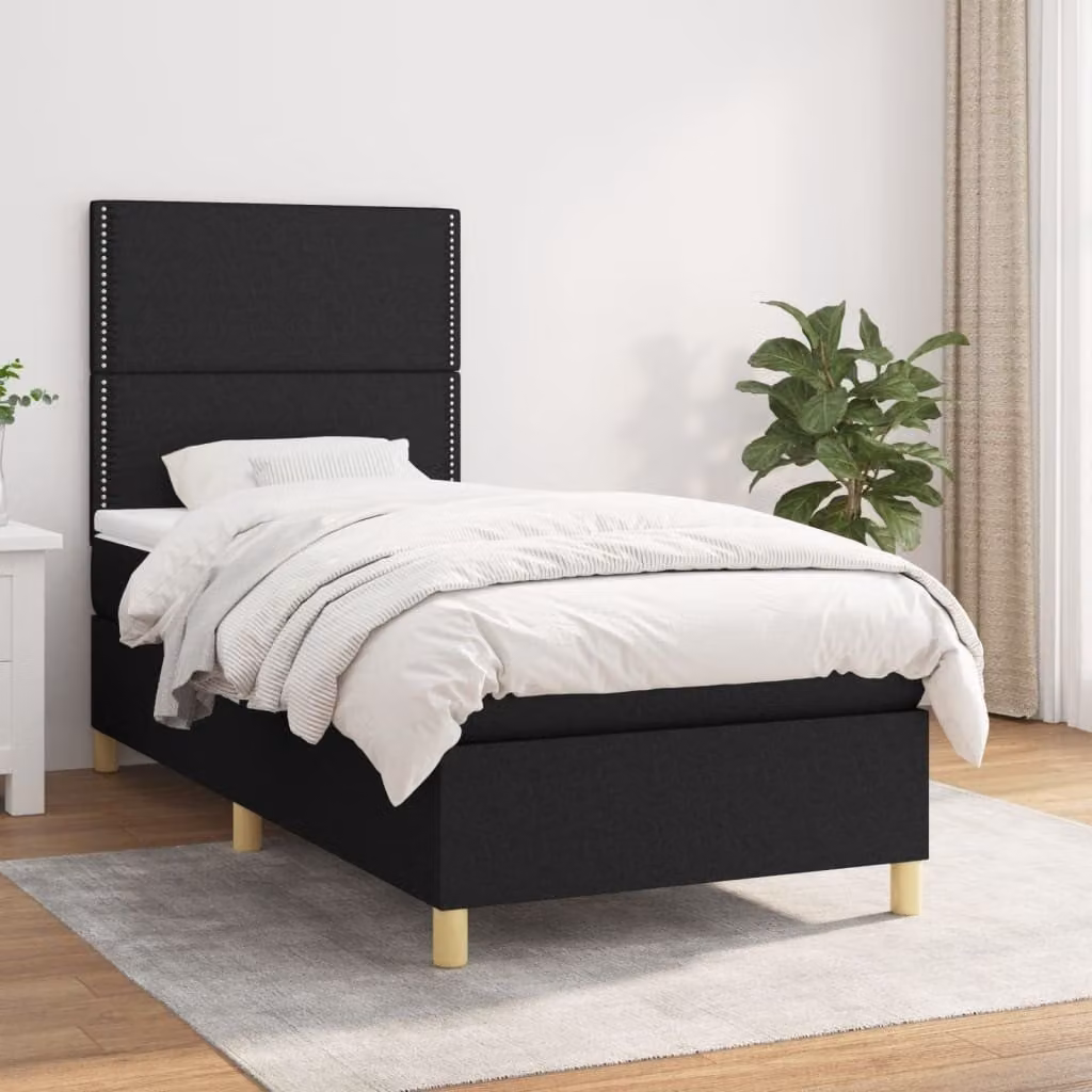 The Living Store Letto a molle con materasso nero 90x200 cm in tessuto