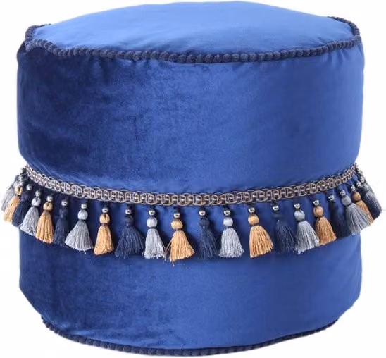 Pouf Taj Mahal KENDRA HOME in velluto blu con frange e design orientale cilindrico