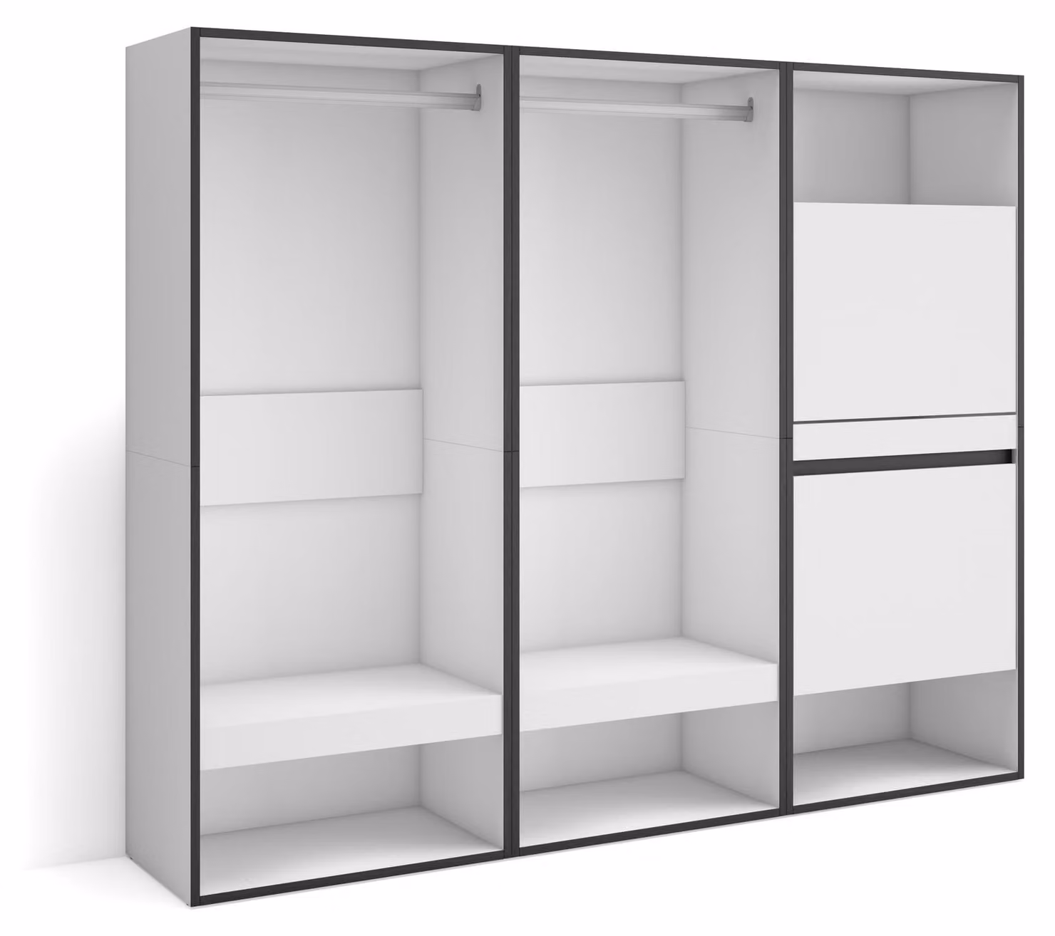 Armadio aperto, dimensioni 180x145x35 cm, bianco/nero, in melaminico