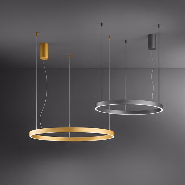 Lampada a sospensione LED Perenz Etere, design moderno rotondo, colori grigio e oro/ottone, luce calda dimmabile