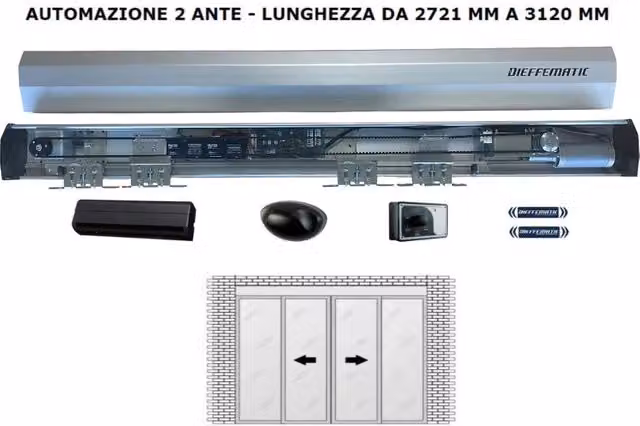Automazione per porta scorrevole a 2 ante DFM in alluminio argento fino a 3120 mm 24V per hotel, bar e negozi
