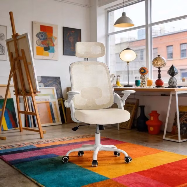 Sedia da ufficio ergonomica beige con poggiatesta e rotelle per home office