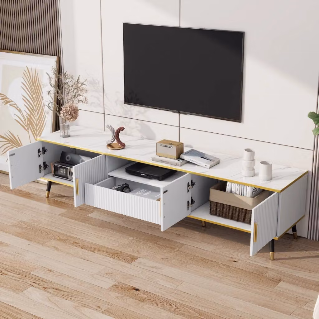 Mobile porta TV moderno OKWISH in legno bianco per soggiorno con 2 ante, 1 cassetto e passacavi, L/P/H: 200 x 40 x 46 cm – 2