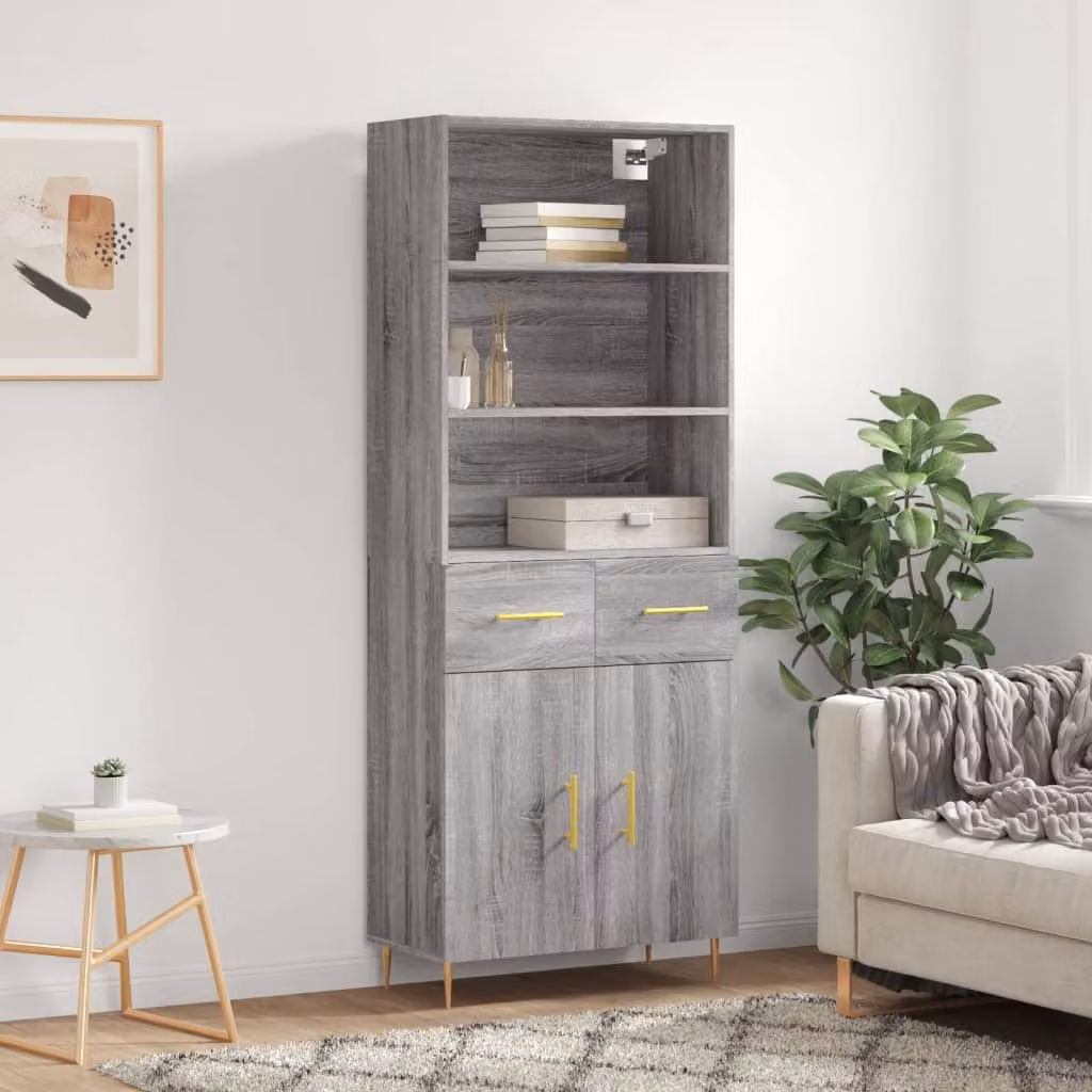 Credenza moderna vidaXL in legno multistrato e metallo, colore Grigio Sonoma, L: 69,5 cm, P: 34 cm, H: 180 cm