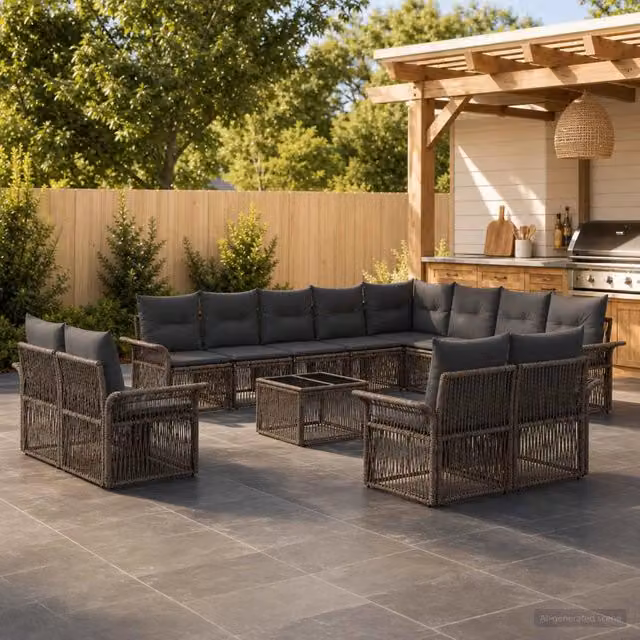 Set Divano da Giardino a L con Tavolino vidaXL, 13 Pezzi in Polyrattan Grigio e Antracite con Cuscini Inclusi