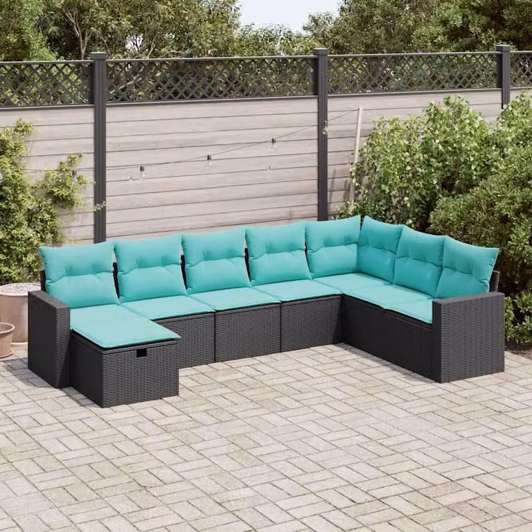 Set di divani da giardino vidaXL a forma di L con 8 pezzi, polyrattan nero e cuscini inclusi