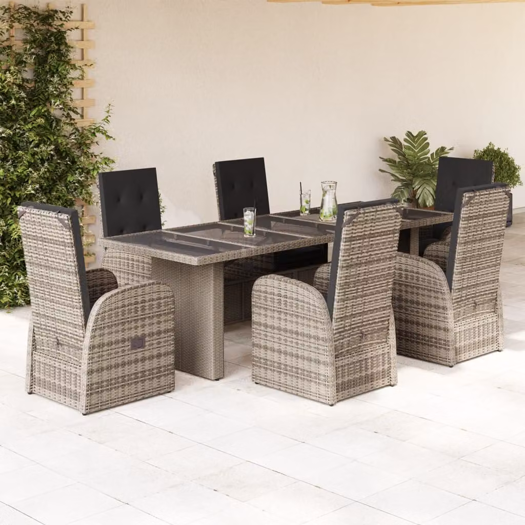Set da pranzo da giardino vidaXL in polyrattan grigio con cuscini e tavolo in vetro, 7 pezzi
