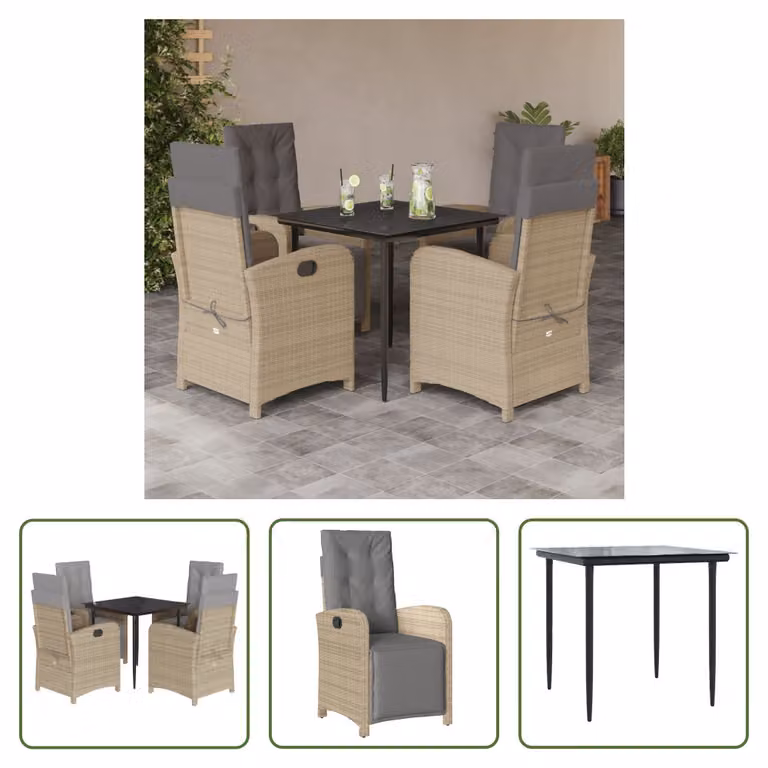 The Living Store Set da pranzo da giardino 5 pezzi con cuscini Beige poly rattan