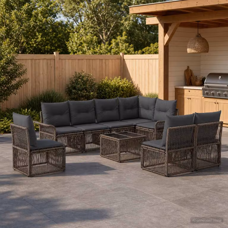 Set Divano da Giardino vidaXL 9 Pezzi a Forma di U Grigio con Tavolino e Cuscini in Polyrattan e Acciaio